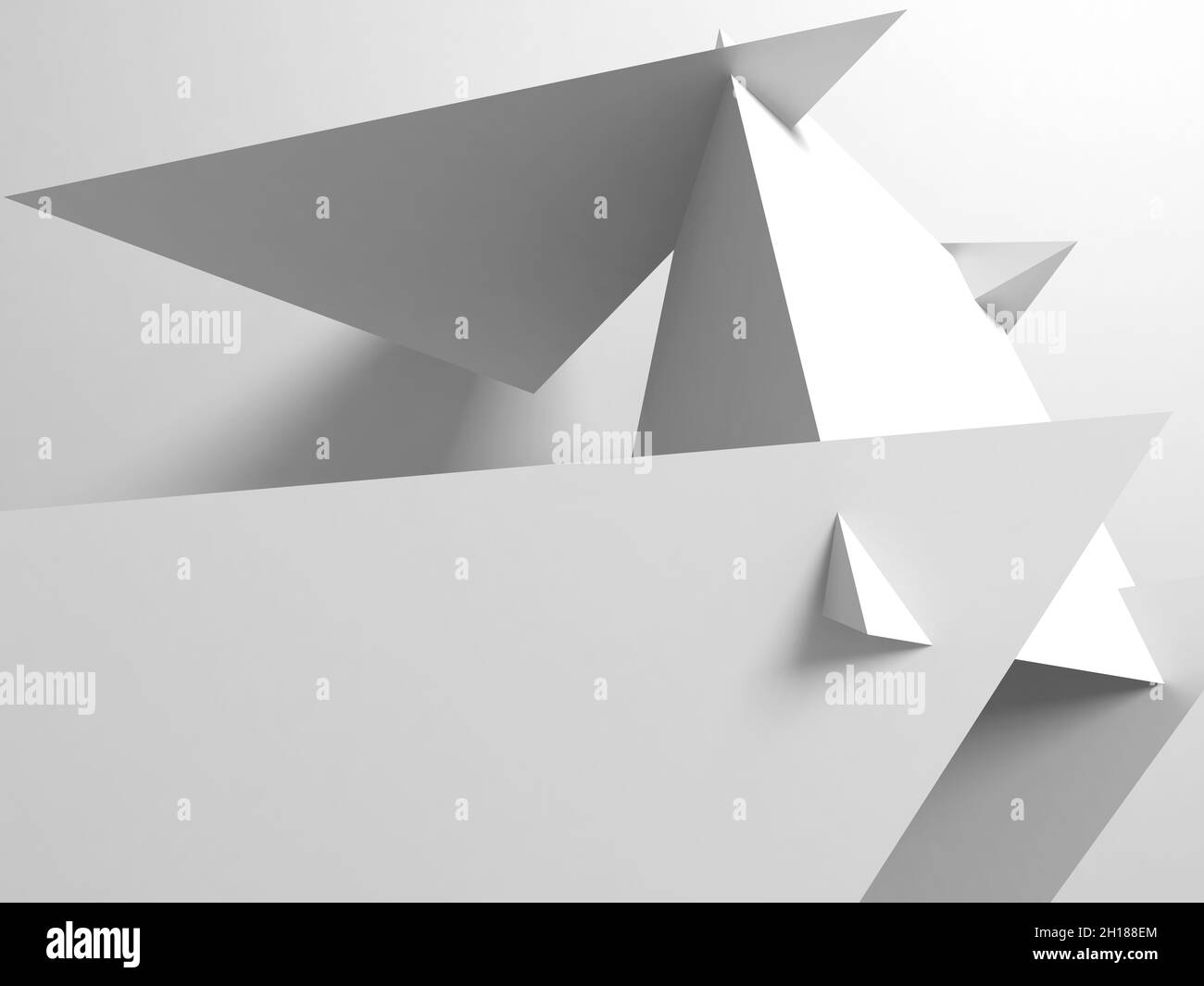 Abstrakte weiße geometrische Installation mit weichen Schatten auf einem Hintergrund, modernes dreieckiges Hintergrundmuster. 3d-Renderdarstellung Stockfoto