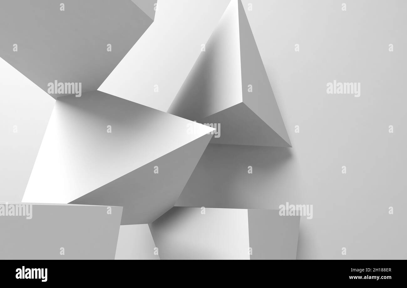 Abstrakte weiße geometrische Installation, modernes dreieckiges Hintergrundmuster. 3d-Renderdarstellung Stockfoto