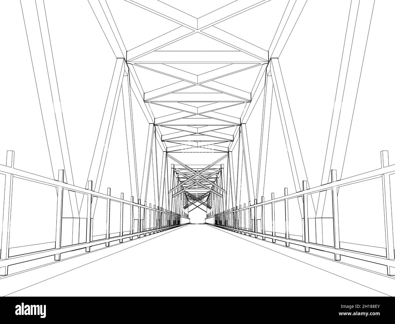 Perspektivische Ansicht des Truss Bridge-Modells. Rahmenmodell auf weißem Hintergrund umreißen, 3D-Darstellung Stockfoto