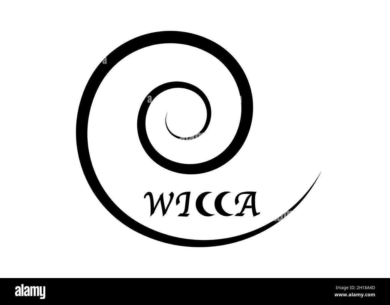 Spiral Wicca Logo, schwarze Linie Hexerei Zeichen Zauberdruck mit Text, Vektor isoliert auf weißem Hintergrund. Esoterische Druckvorlage und Wiccan-Symbol, Stock Vektor