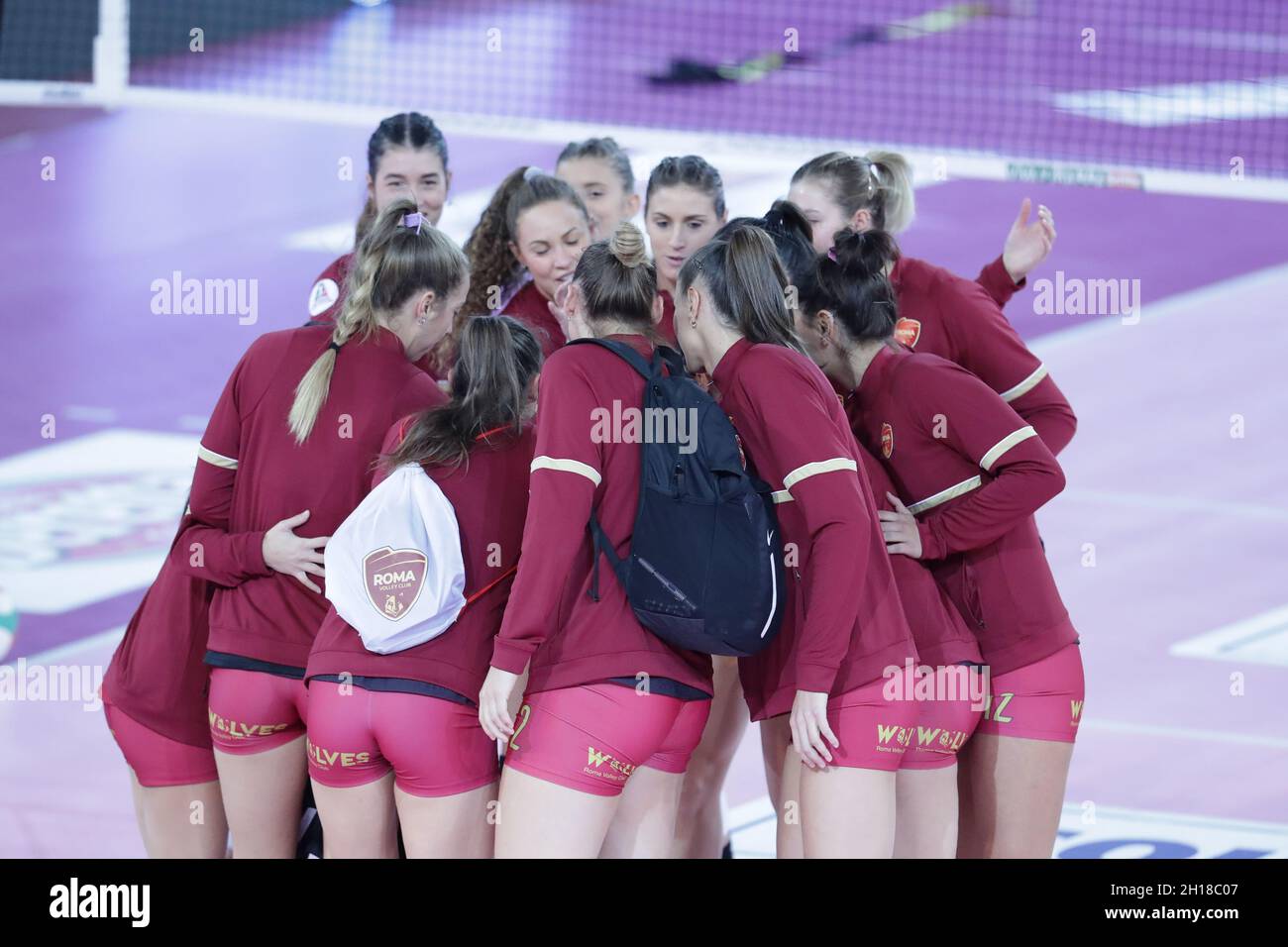 Pala Eur, Rom, Italien, 17. Oktober 2021, Acqua &amp; Sapone Roma Volley Club während des Spiels von Lega Volleyball Serie A Frauen, Acqua &amp; Sapone Roma Volley Club vs Imoco Volley Conegliano am 17. oktober 2021 im Palazzo dello Sport, Rom, Italien während des Spiels Acqua&Sapone Roma Volley Club vs Imoco Volley Conegliano - Volleyball Italysche Serie A1 Frauen Stockfoto