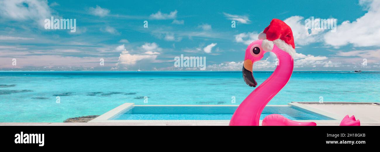 Weihnachten Reise Urlaub Strand Ziel Banner lustige Pool Flamingo mit Weihnachtsmann Hut auf Luxus südlichen Winter Ziel während Weihnachten. Kopfzeile im Querformat Stockfoto