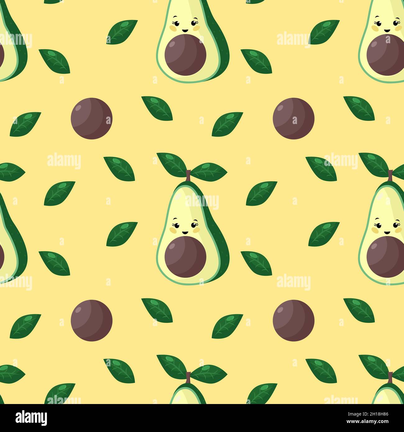 Avocado nahtloses Muster mit Blättern Vektorgrafik. Niedliche gezeichnete Avocado im Kawaii-Stil. Hintergrund der Speisen Stock Vektor