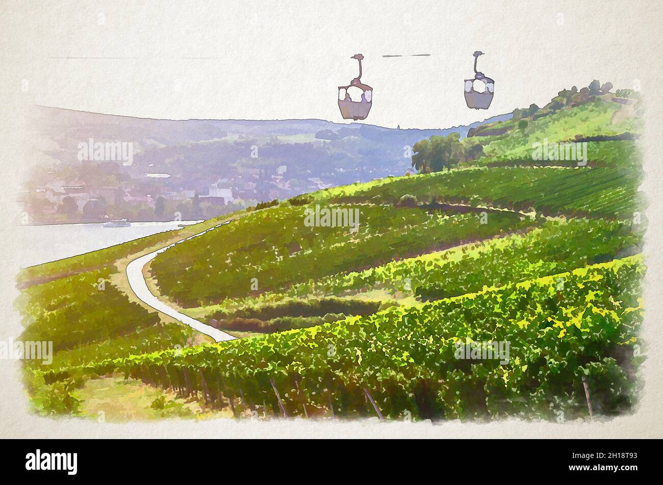 Aquarell-Zeichnung der Seilbahn am Seilbahnseil von Rüdesheim am Rhein Stadt nach Roseneck Berg über Weinbergen Felder des Rheintals Hügel, Stockfoto