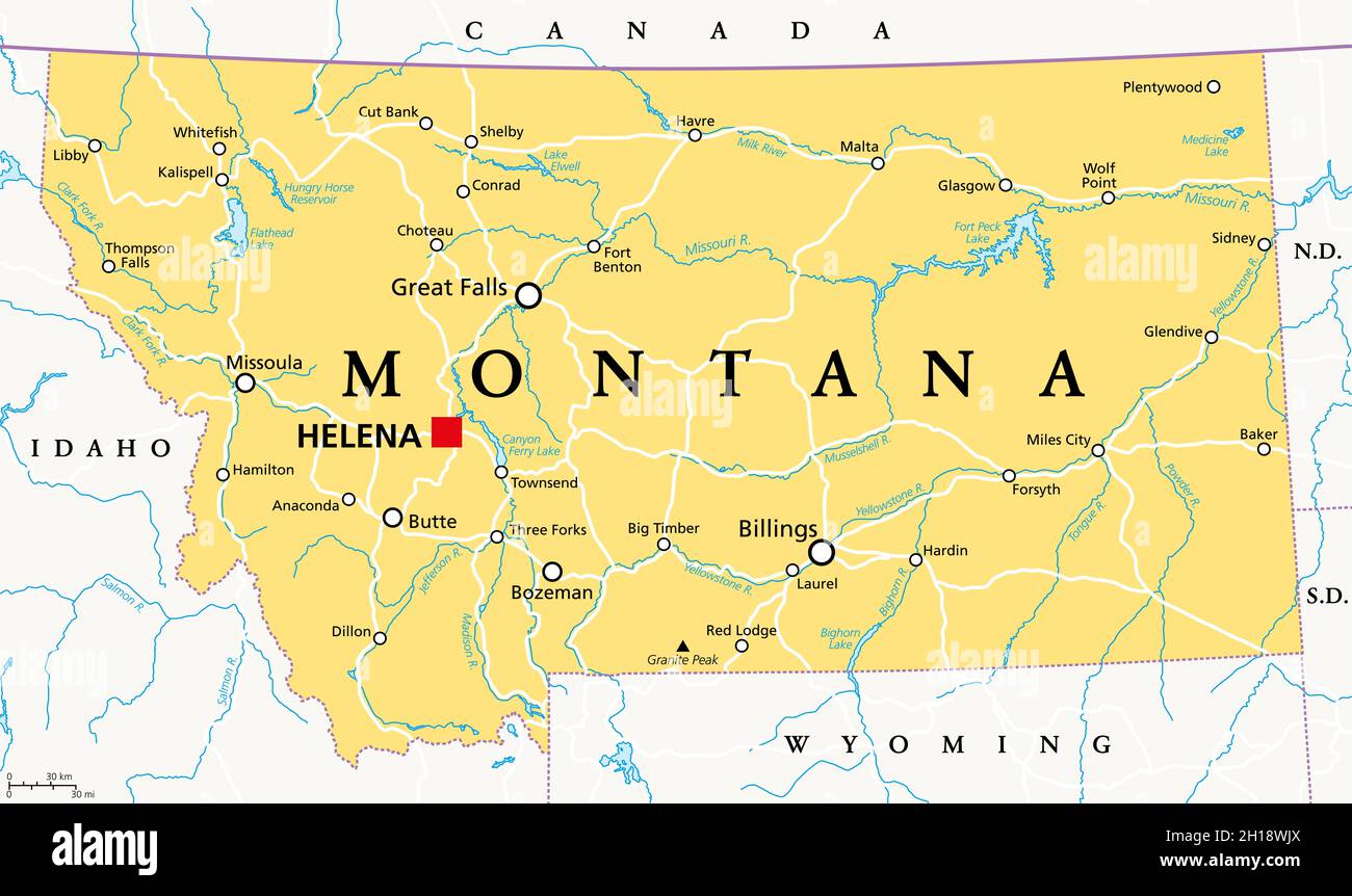 Montana, MT, politische Landkarte mit der Hauptstadt Helena. Staat in der Unterregion Mountain West der westlichen Vereinigten Staaten von Amerika. Stockfoto