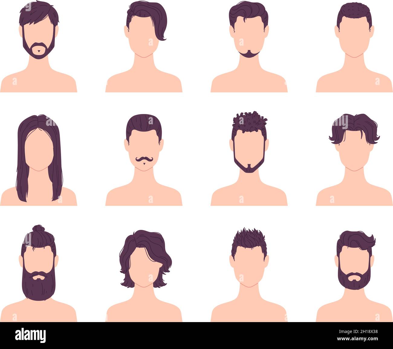 Cartoon Männer Avatare Mode Frisuren, Schnurrbärte und Bärte. Männliche moderne kurze und lange Haarschnitte. Friseur Shop Frisur Symbole Vektor-Set Stock Vektor