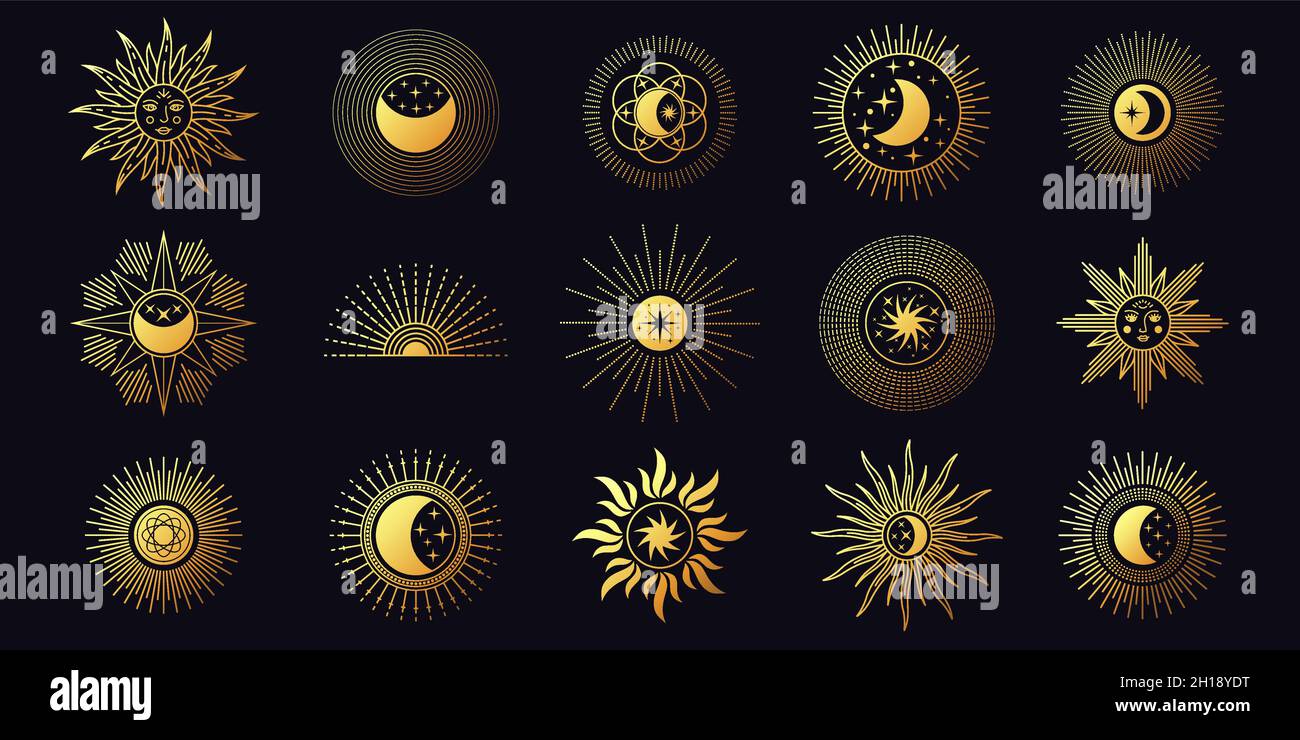 Mond, Sonne und Sterne, himmlische Boho-Linienelemente. Schicke goldene mystische Astrologie-Symbole. Minimalistisches Yoga Tattoo und Logo Design Vektor-Set Stock Vektor