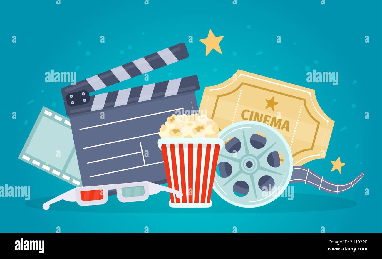 Filmposter mit Filmrolle, Klappbrett, Popcorn und Tickets. Banner zum Ansehen von Filmen mit 3d-Brille. Cartoon Kino Theater Vektor Konzept Stock Vektor