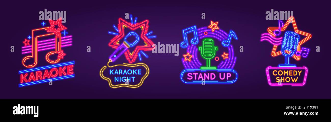 Neonschilder für Karaoke-Club und Stand-up-Comedy-Show. Musik und Gesang Party Nacht glühenden Logos. Karaoke Bar Event Poster Vektorset Stock Vektor