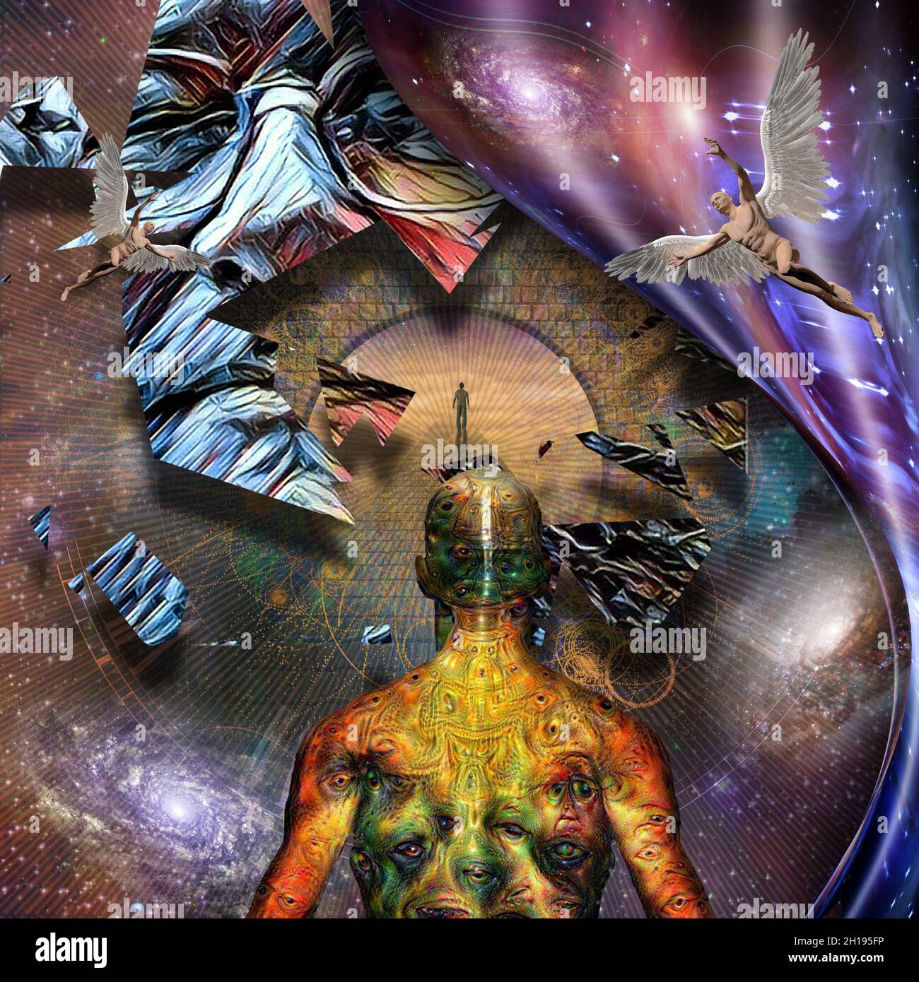 Spirituelles Bewusstsein. Männergesicht mit Brille. Engel und Mensch mit dämonischen Augen auf der Haut. Der Mensch auf dem Weg in die Ewigkeit. Geometrische Elemente. 3D-Rendering Stockfoto