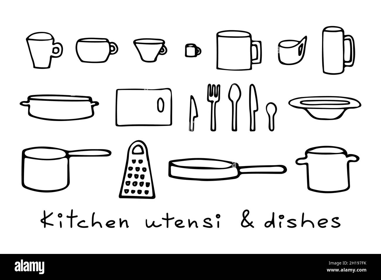 Vektor-Illustration von Teller und Tassen, Messer und Löffel, Gabeln und Schneidebrett, Töpfe und Pfannen, Reibe. Stock Vektor