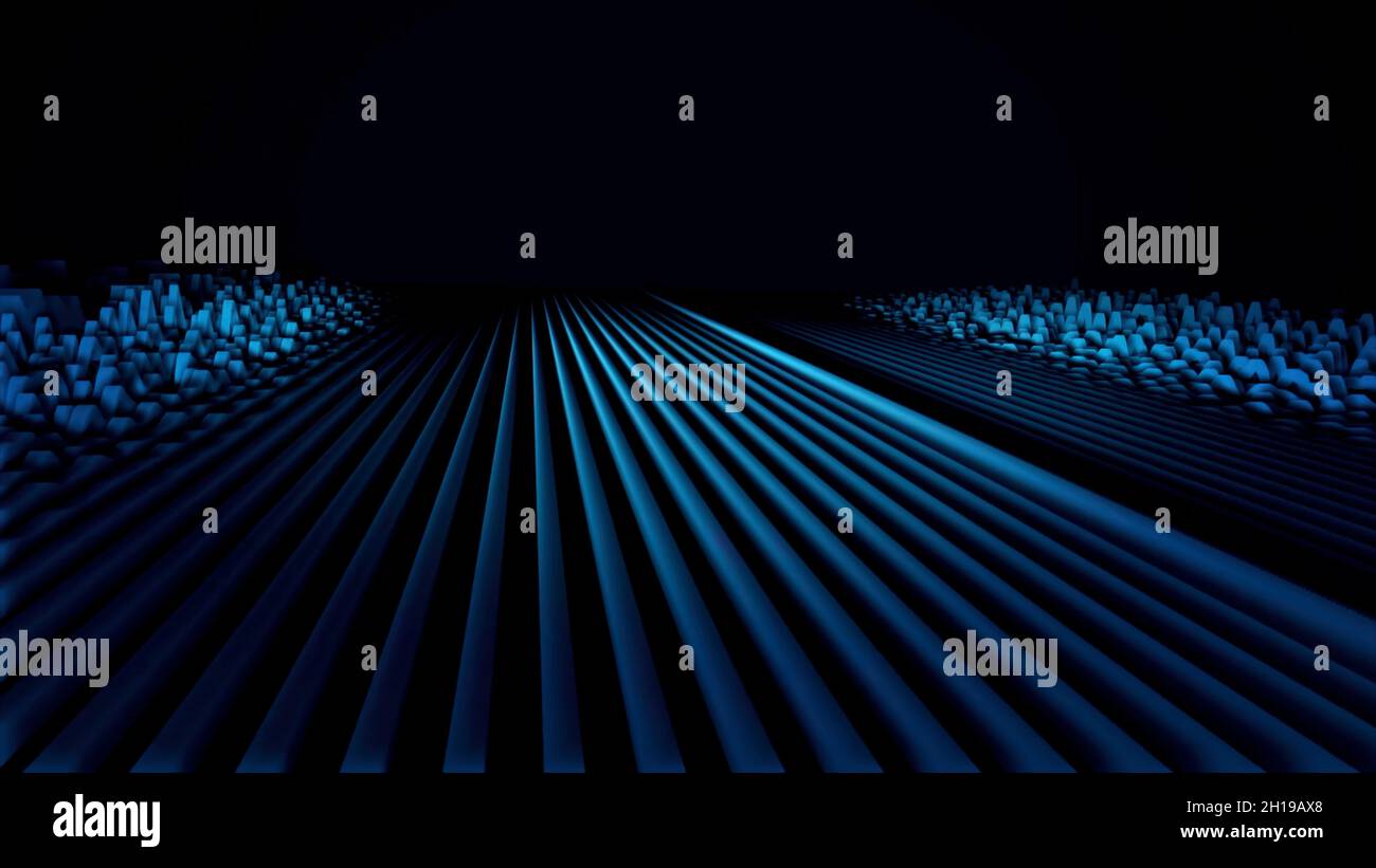 Abstrakte Animation von blauen geometrischen Formen, die wie eine Meereswelle auf schwarzem Hintergrund fließt. Starker Kontrasteffekt Stockfoto