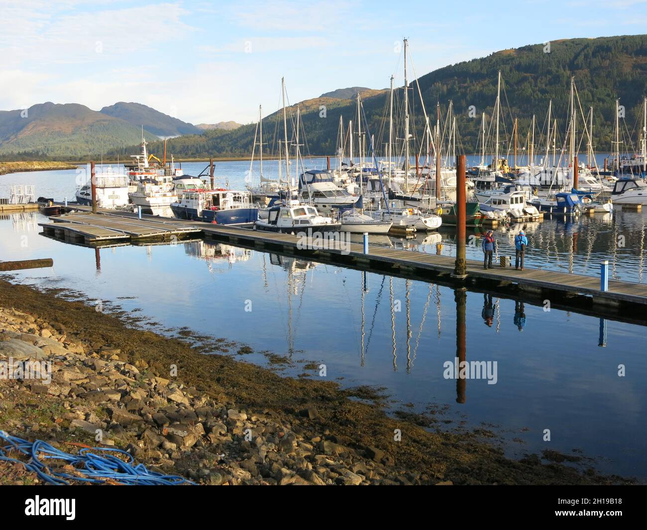 Segeln im Westen Schottlands: Blick auf Yachten, die an der Holy Loch Marina vor der Kulisse einer Berglandschaft an einem schönen sonnigen Tag festgemacht sind. Stockfoto