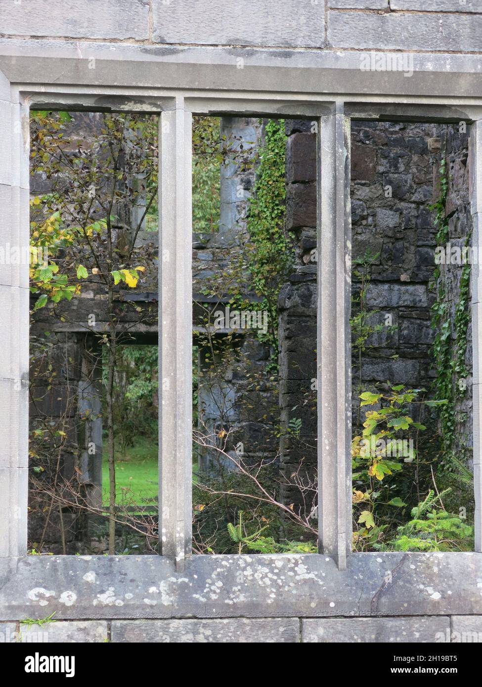 Zurück zur Natur: Blick durch einen steinernen Fensterrahmen in das Innere des zerstörten Armadale Castle auf Skye, das zu einer Wildnis geworden ist. Stockfoto