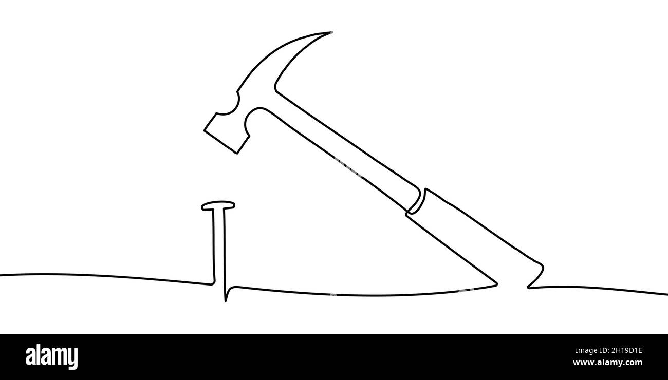 Hammer und Nagellinie Hintergrund. Hintergrund für einzeilige Zeichnung. Kontinuierliche Linienzeichnung von Hammer und Nagel. Vektorgrafik. Stock Vektor