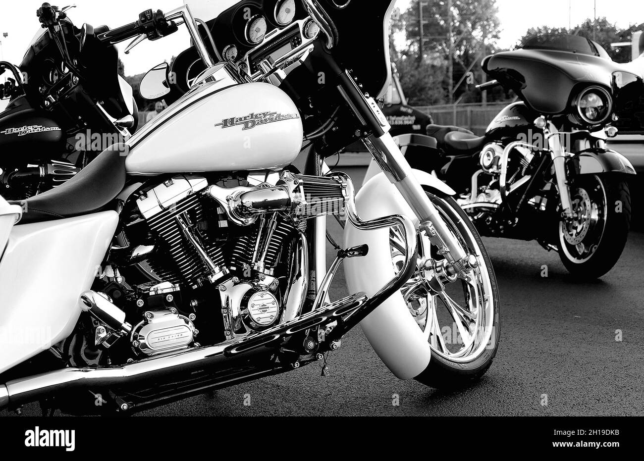 KANSAS CITY, VEREINIGTE STAATEN - Sep 24, 2021: Eine Graustufe eines seltenen weißen Harley Davidson Motorrades auf der Straße Stockfoto
