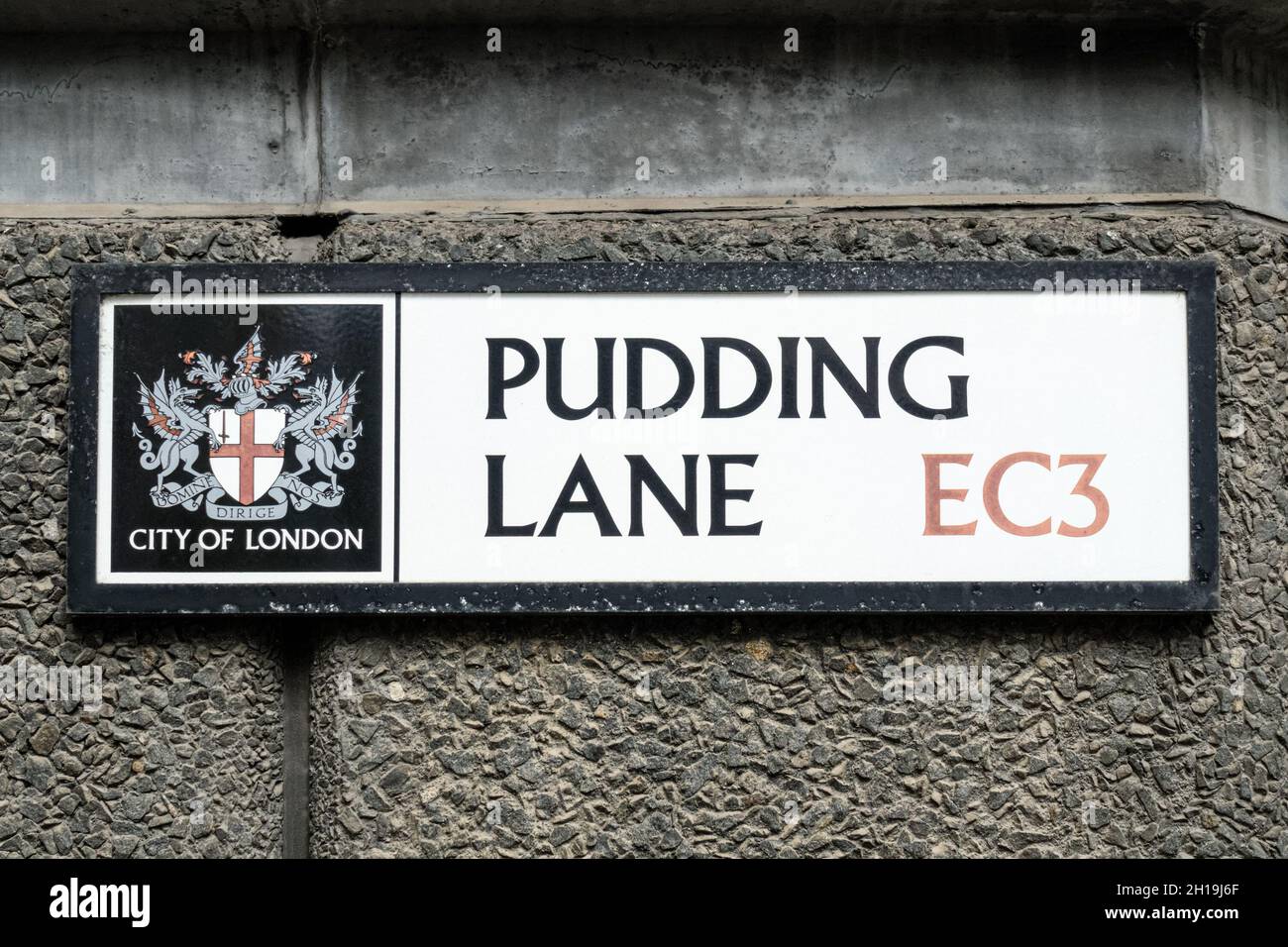 Pudding Lane Straßenschild, wo der große Brand von London im Jahr 1666 begann, London England Vereinigtes Königreich Großbritannien Stockfoto