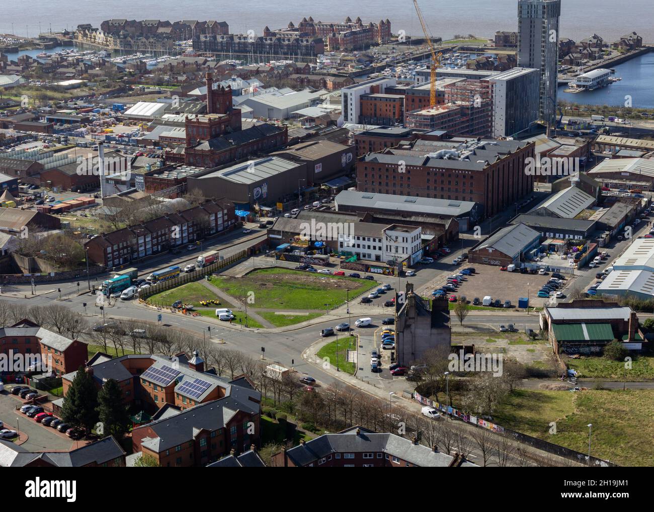 Liverpool, Großbritannien: Luftaufnahme des Baltischen Dreiecks, der Great George Street und der St James Street Stockfoto