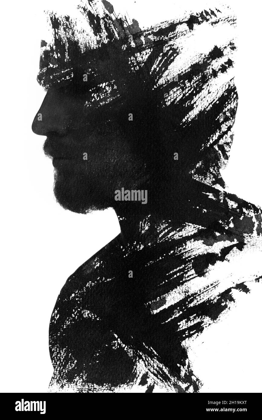 Paintographie. Ein Schwarz-Weiß-Porträt eines Mannes kombiniert mit Tintenstrichen. Stockfoto
