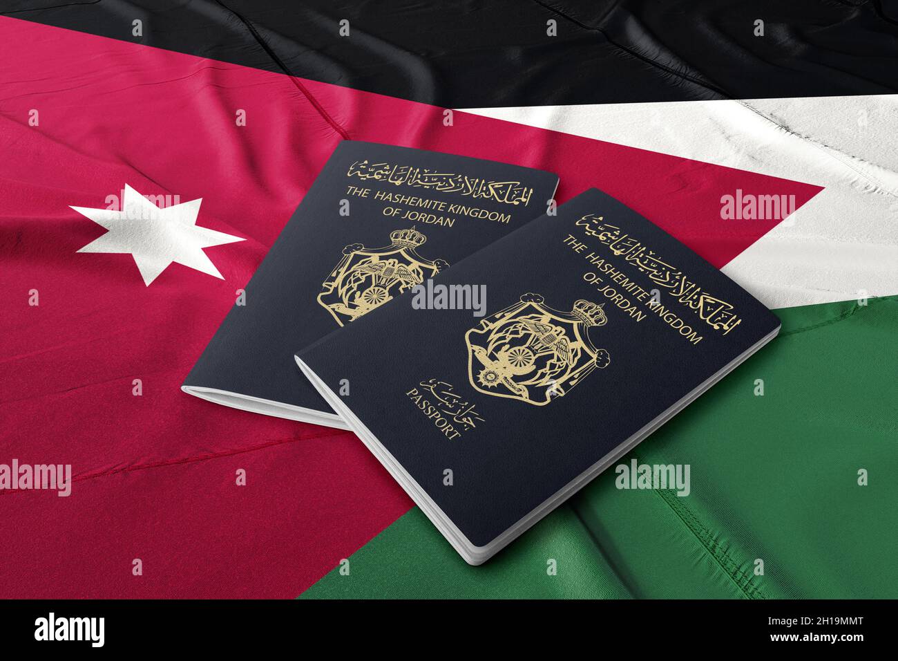 Jordanischer Pass auf der jordanischen Flagge, jordanische Nationalität, asiatische Länder Stockfoto