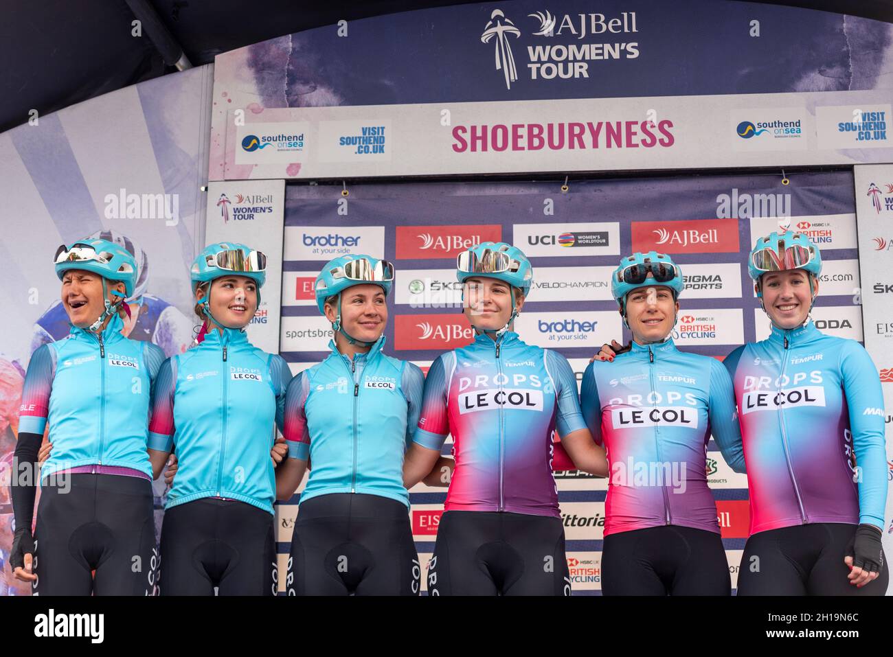 Joscelin Lowden, Alice Towers, Anna Christian, April Tacey, Dani Christmas, Marjolein van 't geloof bereitet sich auf das Radrennen der Women's Tour vor Stockfoto