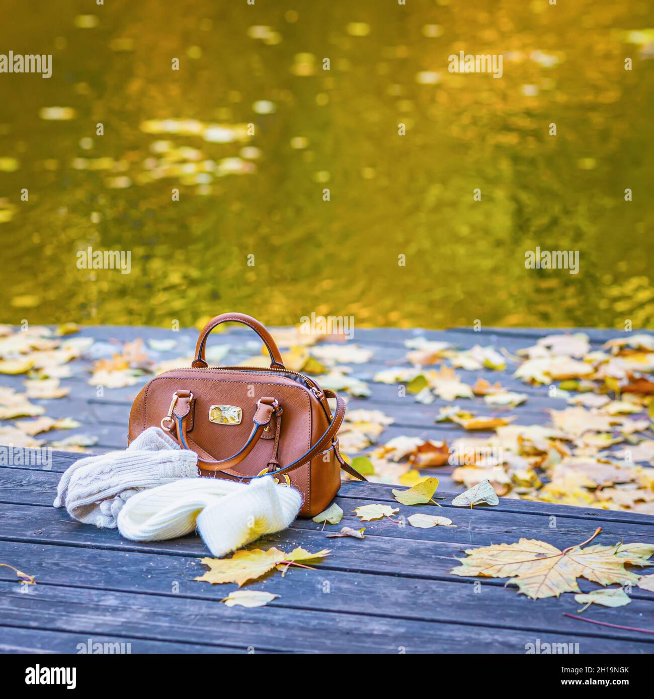 Handtasche aus braunem Leder und Strickmütze aus Wolle auf Holzbank im Park mit Herbstblättern im Hintergrund Stockfoto