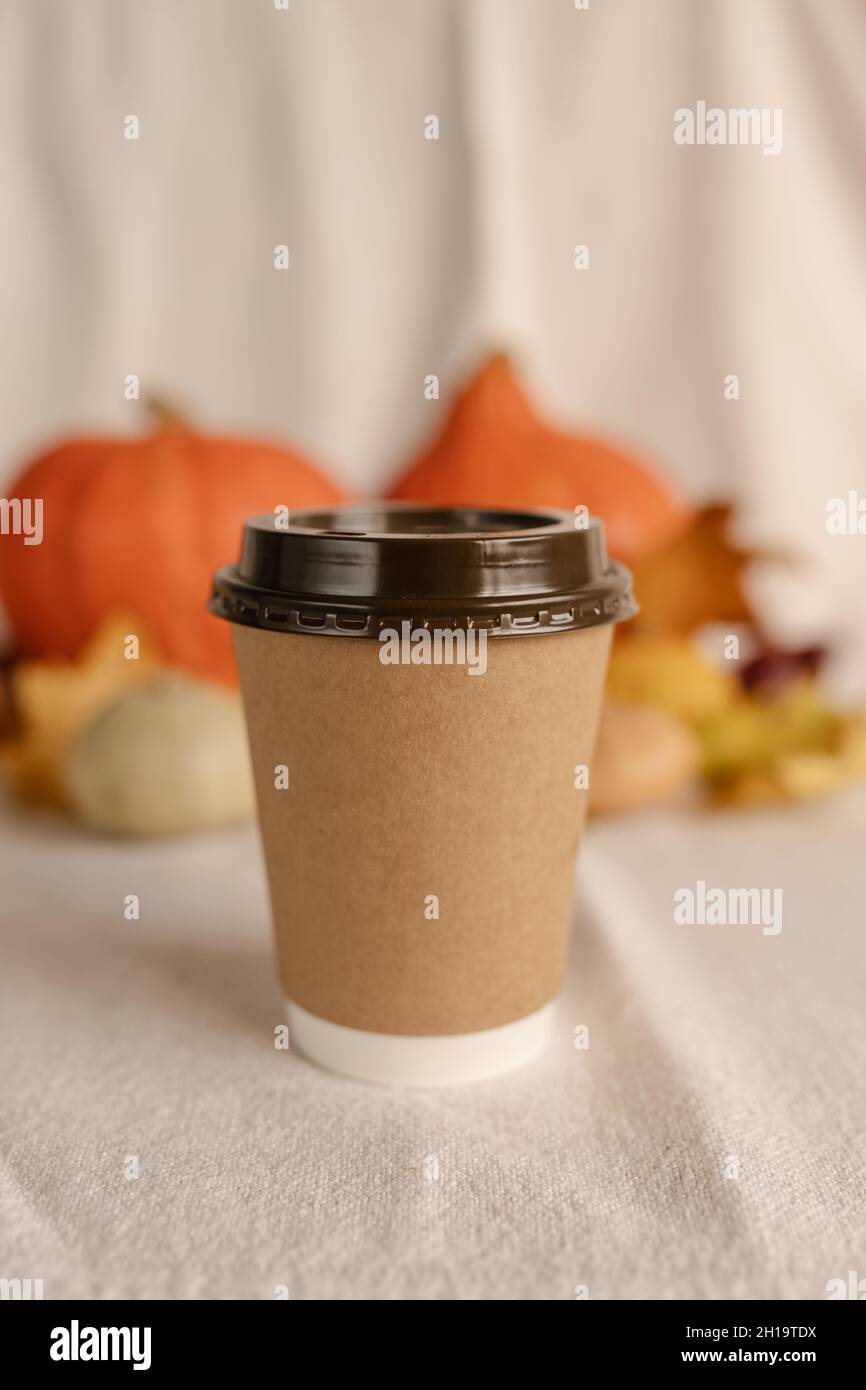 Kaffee Take Away Tasse im Herbst Kürbis aufgestellt. Kürbis-Latte mit Schlagsahne und frischem Zimt würzen. Kaffee zum trinken Stockfoto