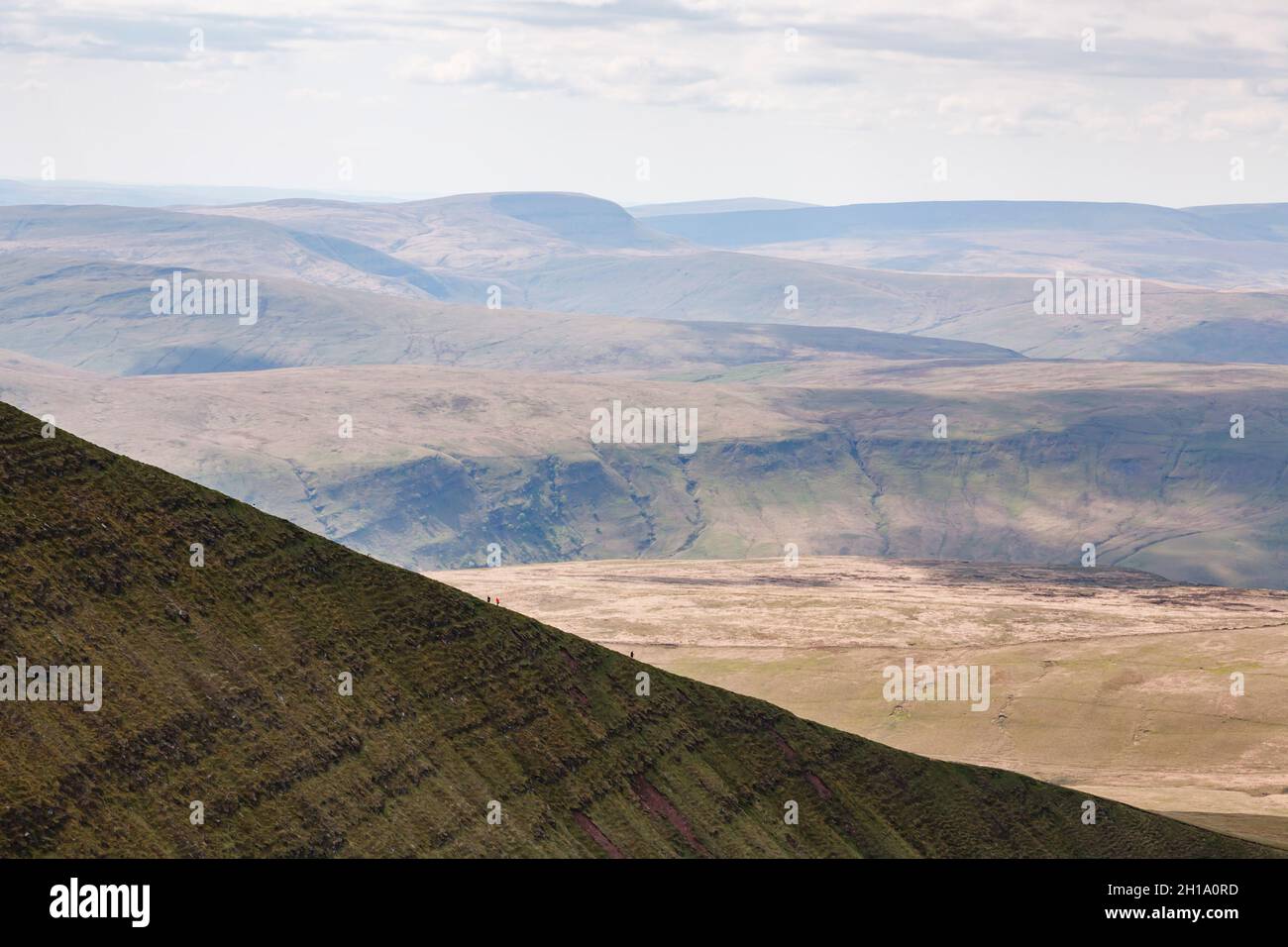 Kleine Figuren von Wanderern, die einen steilen Grat hinauf Pen Y Fan in den Brecon Beacons klettern. Südwales, Großbritannien Stockfoto