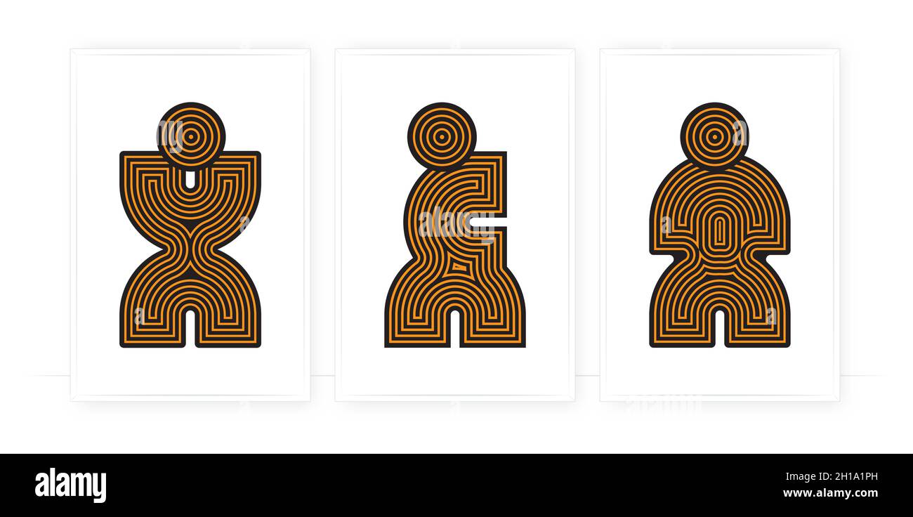 Abstraktes Poster-Design, Vektor. Künstlerische Wandkunst Design. Posterdesign in drei Teilen. Menschliche Silhouette in verschiedenen Possen, Vektor. Stock Vektor