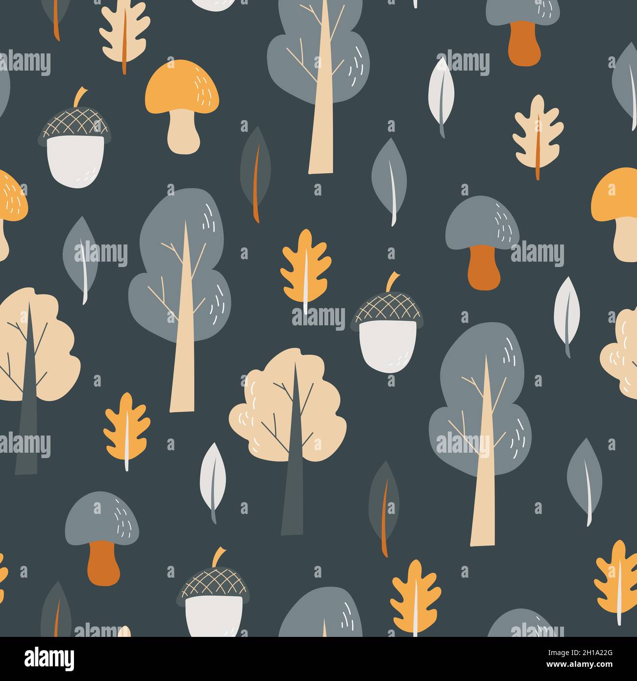 Nahtloses Muster - Vektor-Illustration von handgezeichneten Waldnaturobjekten auf dunkelgrau. Herbstwald Stock Vektor