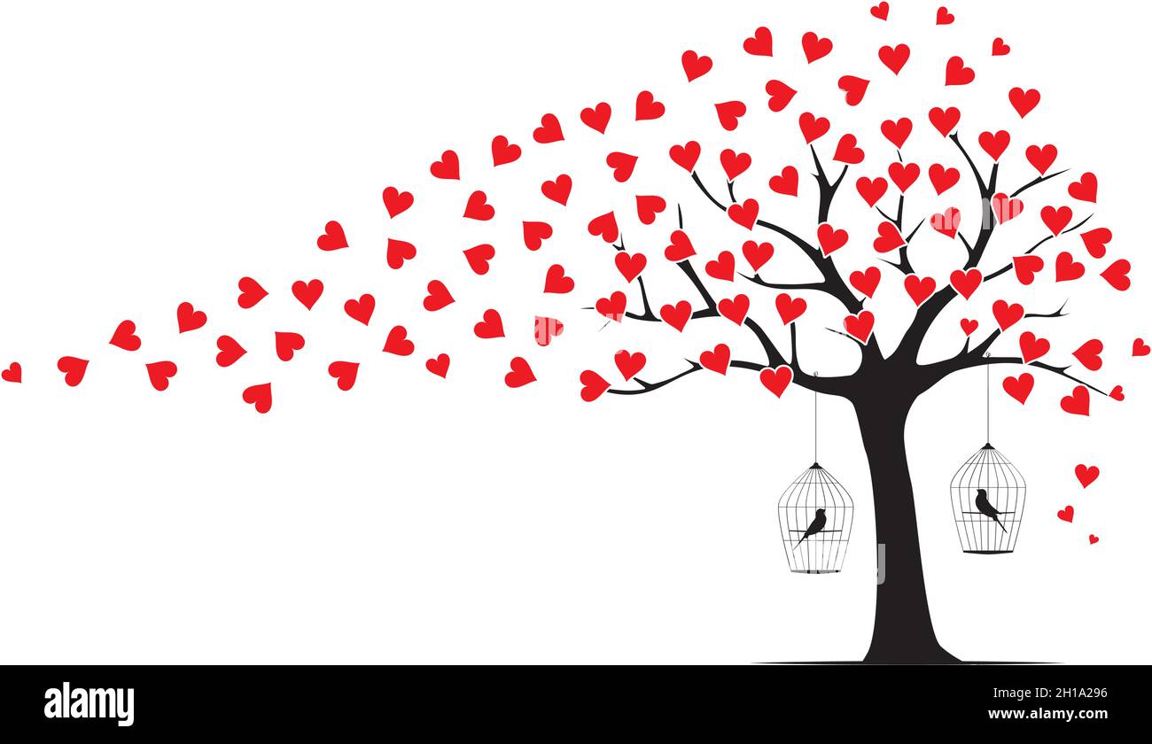 Baum Wind Blätter i Form von roten Herzen und Vogelkäfig Silhouetten, Vektor. Wandtattoos, Wanddekoration. Wandkunst-Design isoliert auf weißem Hintergrund. Autum Stock Vektor