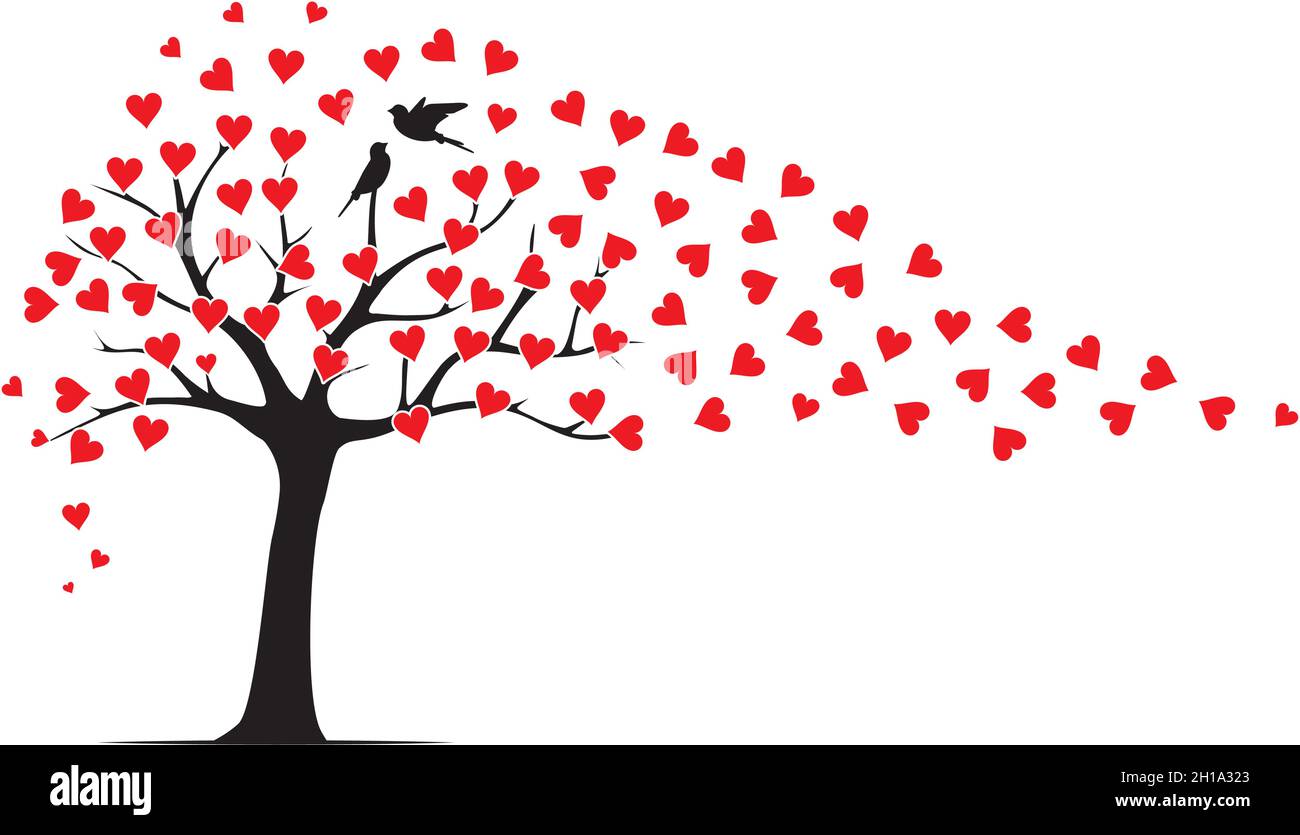 Baum Wind Blätter i Form von roten Herzen und fliegende Vögel Silhouetten, Vektor. Wandtattoos, Wanddekoration. Wandkunst-Design isoliert auf weißem Hintergrund. Au Stock Vektor