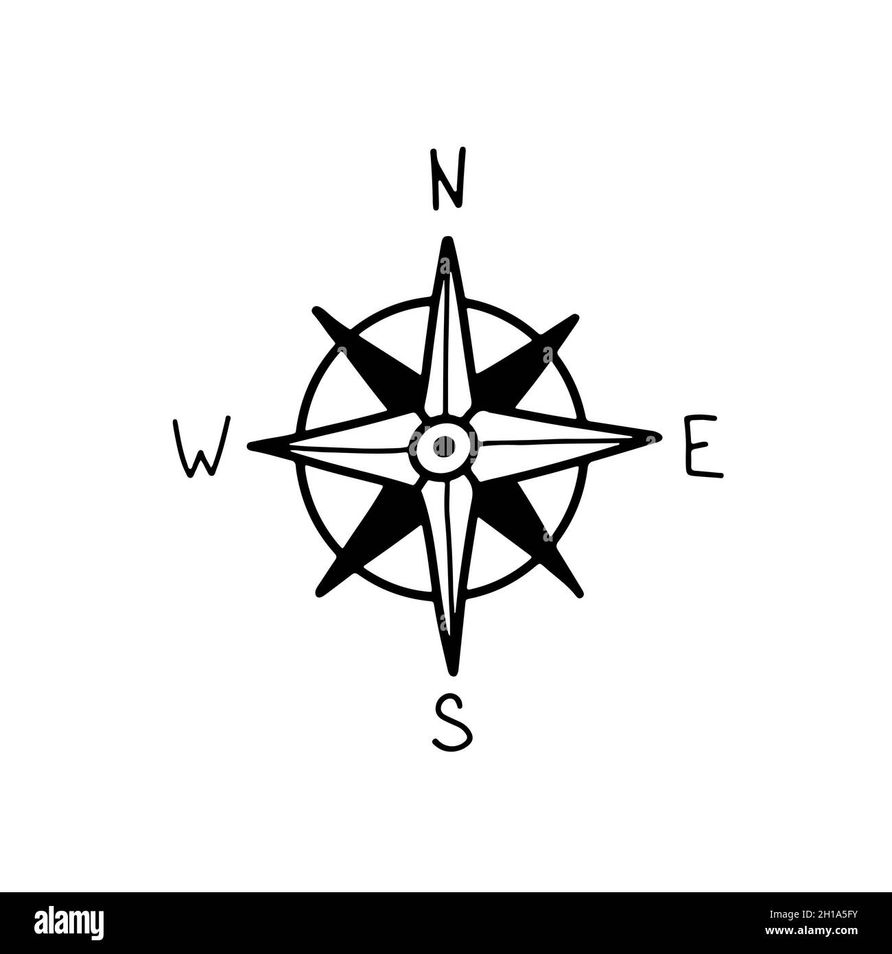 Compas-Symbol, handgezeichnet, isoliert auf weißem Hintergrund. Geografie-Symbol für Doodle. Kompassschilder, Logo. Vektorgrafik Stock Vektor