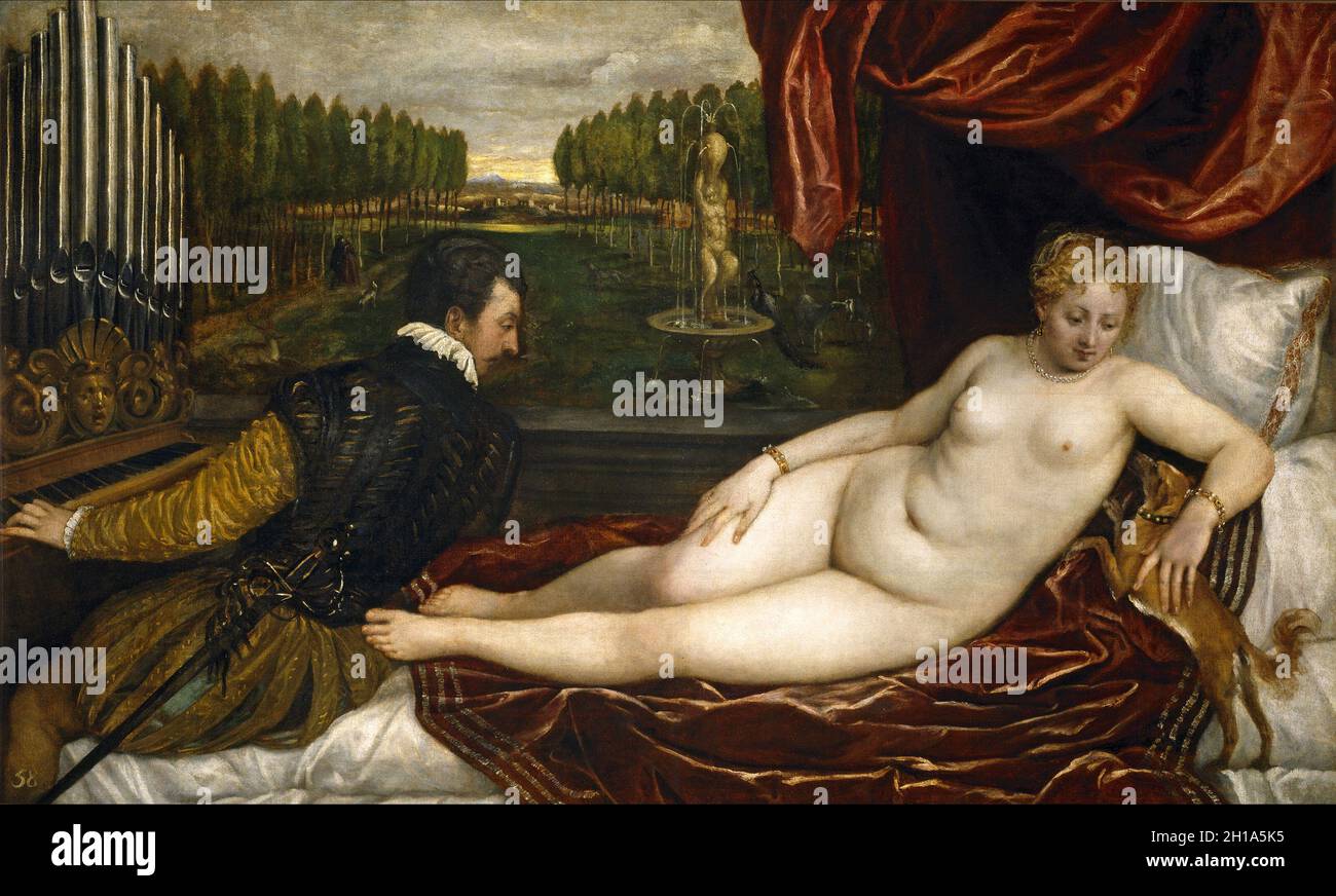 Venus und ein Organist und ein kleiner Hund von Titian Stockfoto