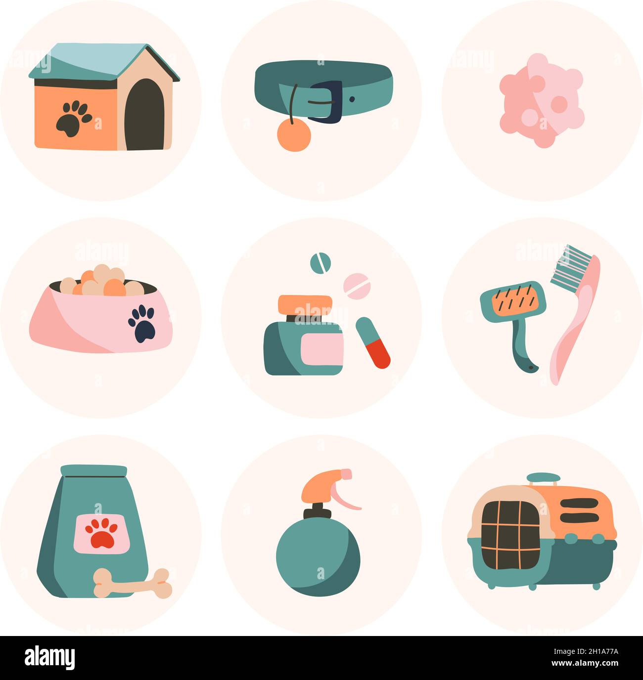 Satz von Vektorsymbolen. Kabine, Hundehalsband, Ball, Träger. Objekte isoliert auf weißem Hintergrund, Cartoon-Stil Stock Vektor