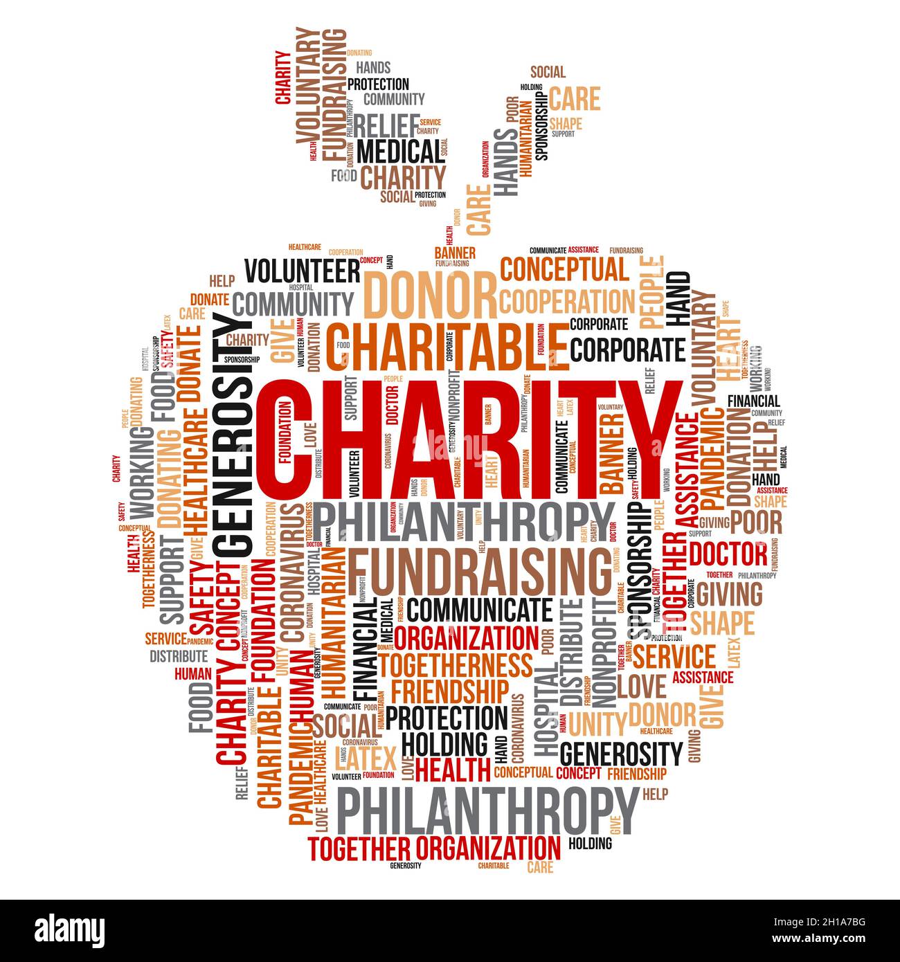 Charity Wort Wolke Konzept mit Apfel-Symbol. Stock Vektor