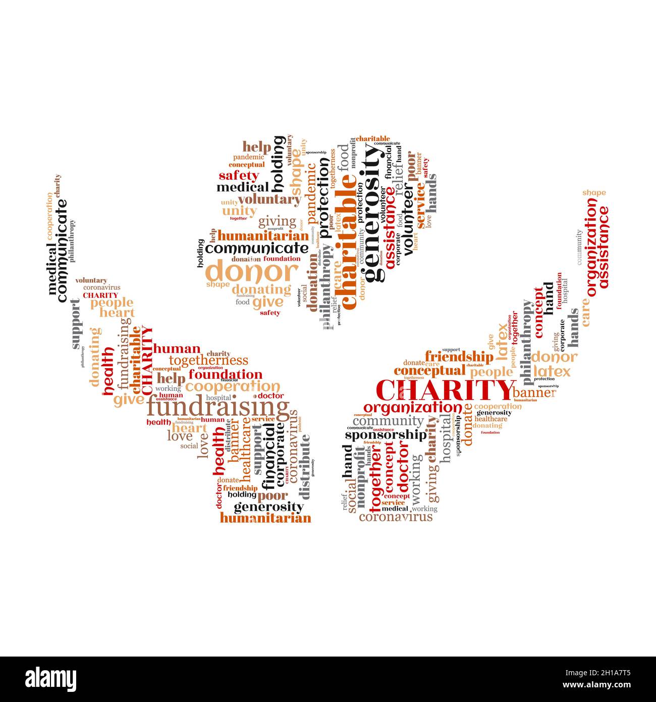 Charity Wort Wolke Konzept mit Herz stehen auf der Hand Charity Symbol. Stock Vektor
