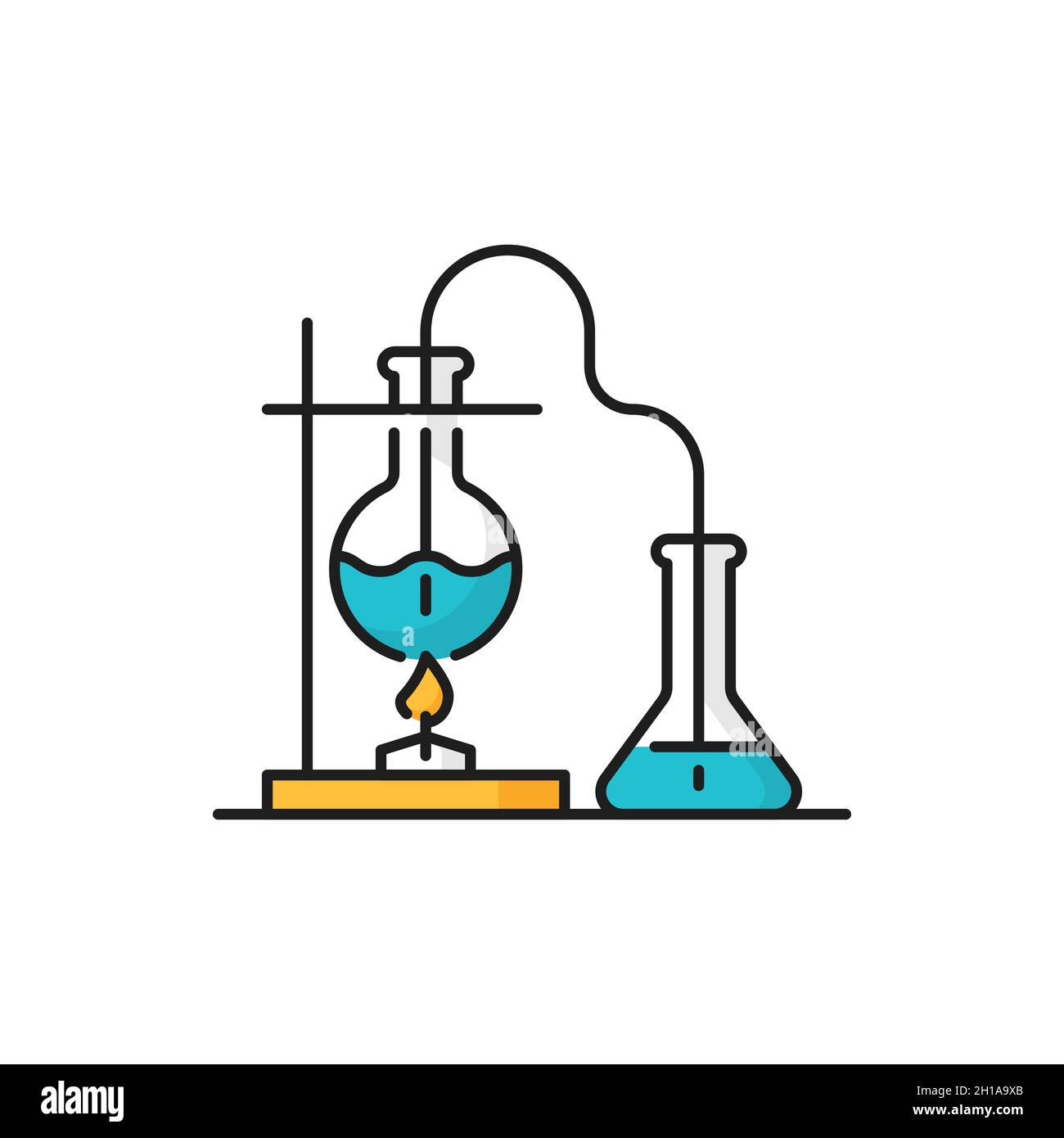 Wissenschaftliche Forschung Kolben, genetische Modifikationen, Flüssigkeit in runden Boden Kolben erhitzt über Bunsenbrenner isolierte Linie Symbol. Vektorlabor Stock Vektor
