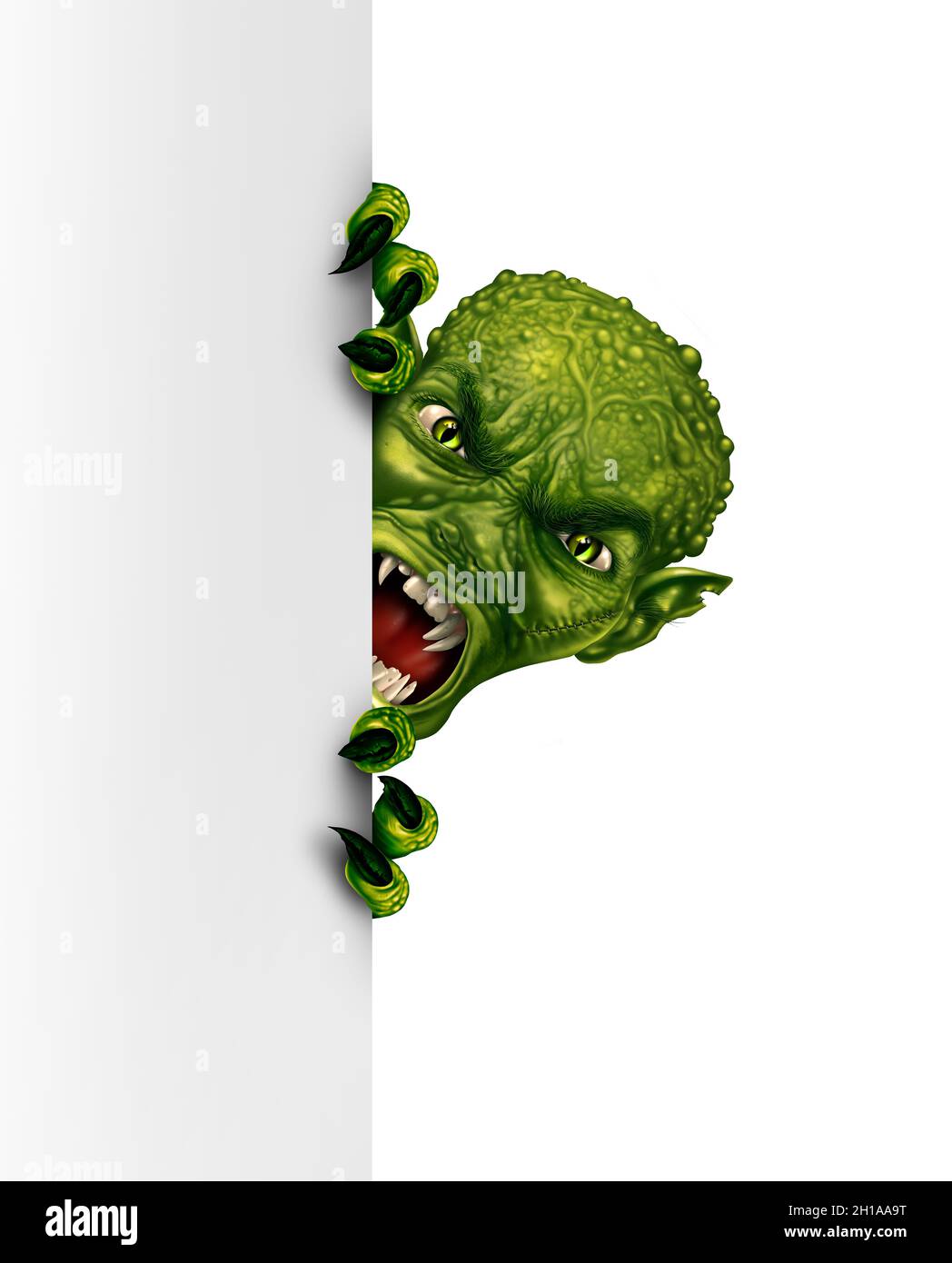 Zombie oder Space Alien lauern hinter einem vertikalen weißen Zeichen als ein wütendes gruseliges grünes Monster versteckt und guckt hinter einer Plakatwand als gruselig. Stockfoto