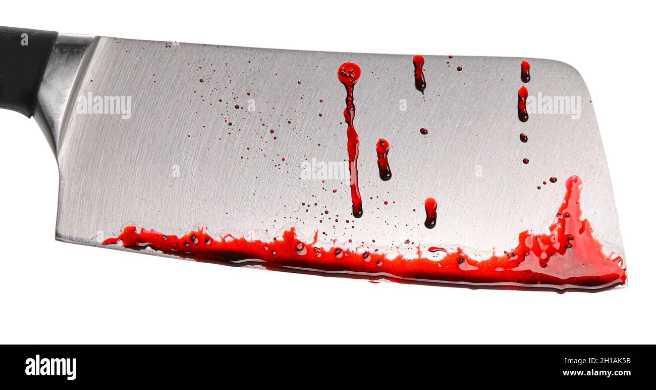 Blutbeflecktes Messer auf weißem Hintergrund Stockfoto