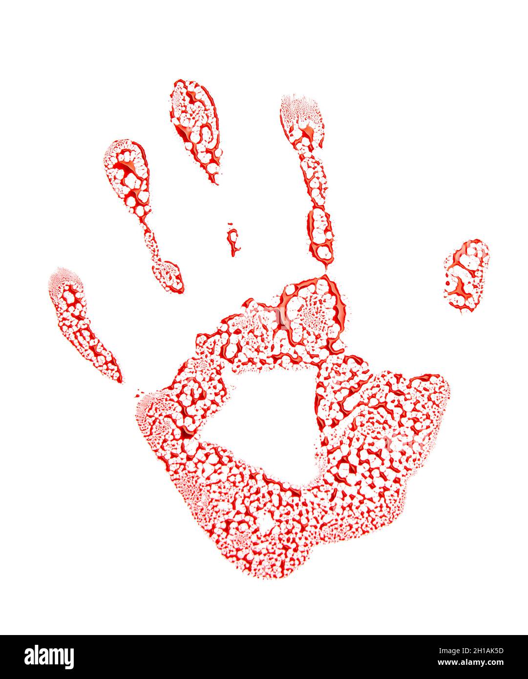Blutiger menschlicher Handflächendruck auf weißem Hintergrund Stockfoto