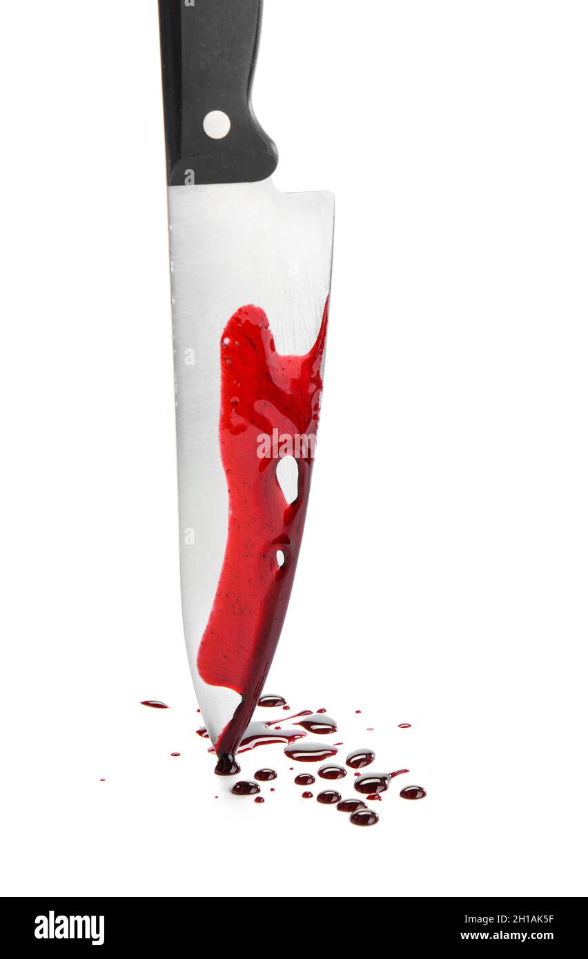 Blutbeflecktes Messer auf weißem Hintergrund Stockfoto