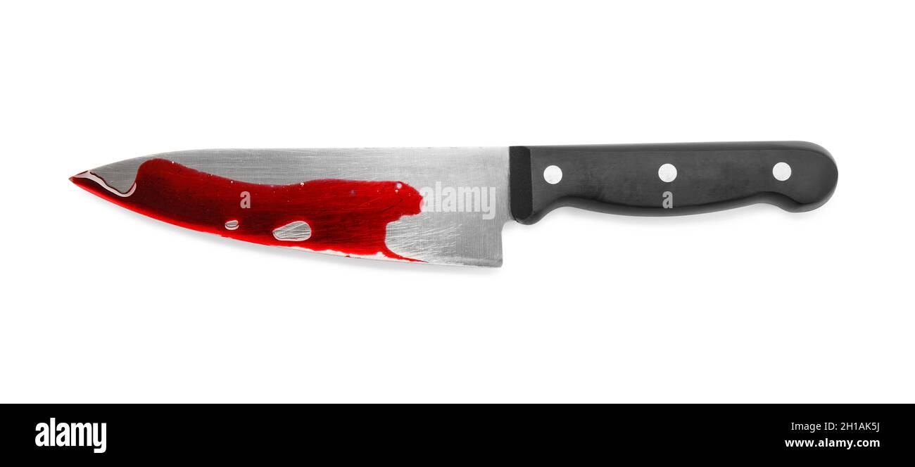 Blutbeflecktes Messer auf weißem Hintergrund Stockfoto