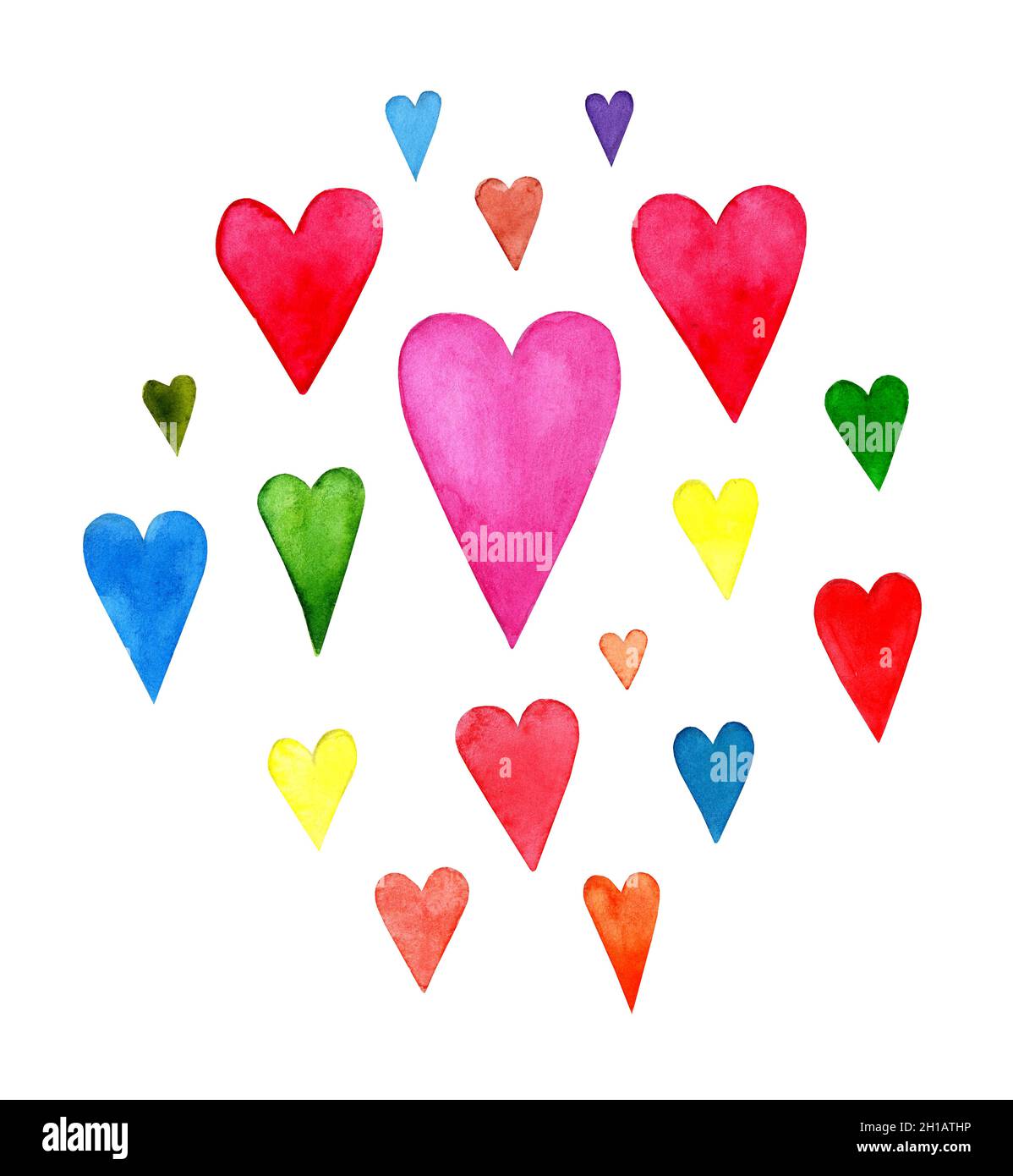 Aquarell-Herzen Bilder, handbemalte mehrfarbige Waschungen, nass waschen Textur Aquarell, Herz-Symbol auf weißem Hintergrund, blau, rosa, rot, gelb Stockfoto