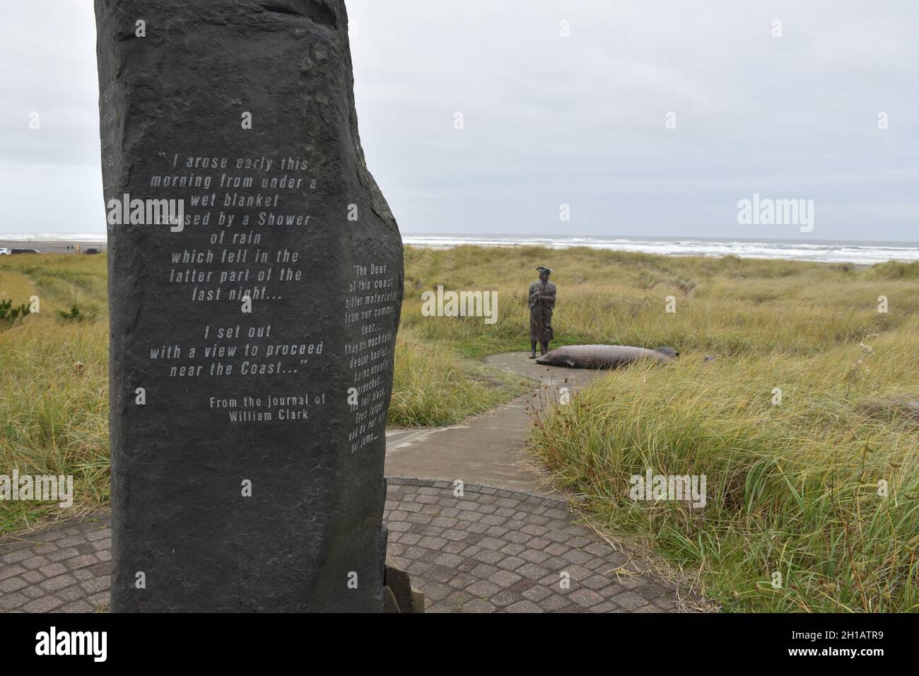 Ein Denkmal für die Erkundung der Küste durch Lewis & Clark auf dem Discovery Trail in der Nähe von Long Beach, Long Beach Peninsula, Washington State, USA Stockfoto
