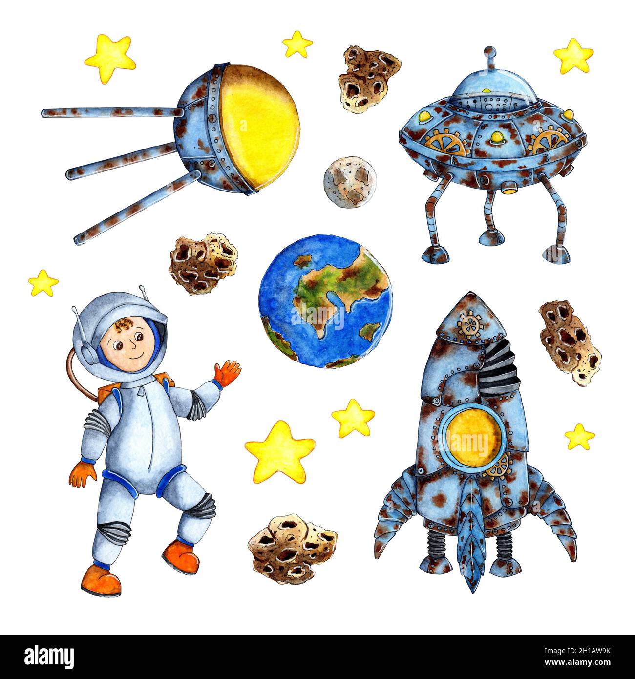 Set von Aquarell Malerei Raum handgezeichneten Hintergrund für Kinder. Cartoon Rakete, Satellit, Planeten, Sterne, Astronaut, Kometen und UFOs. Space Adventur Stockfoto