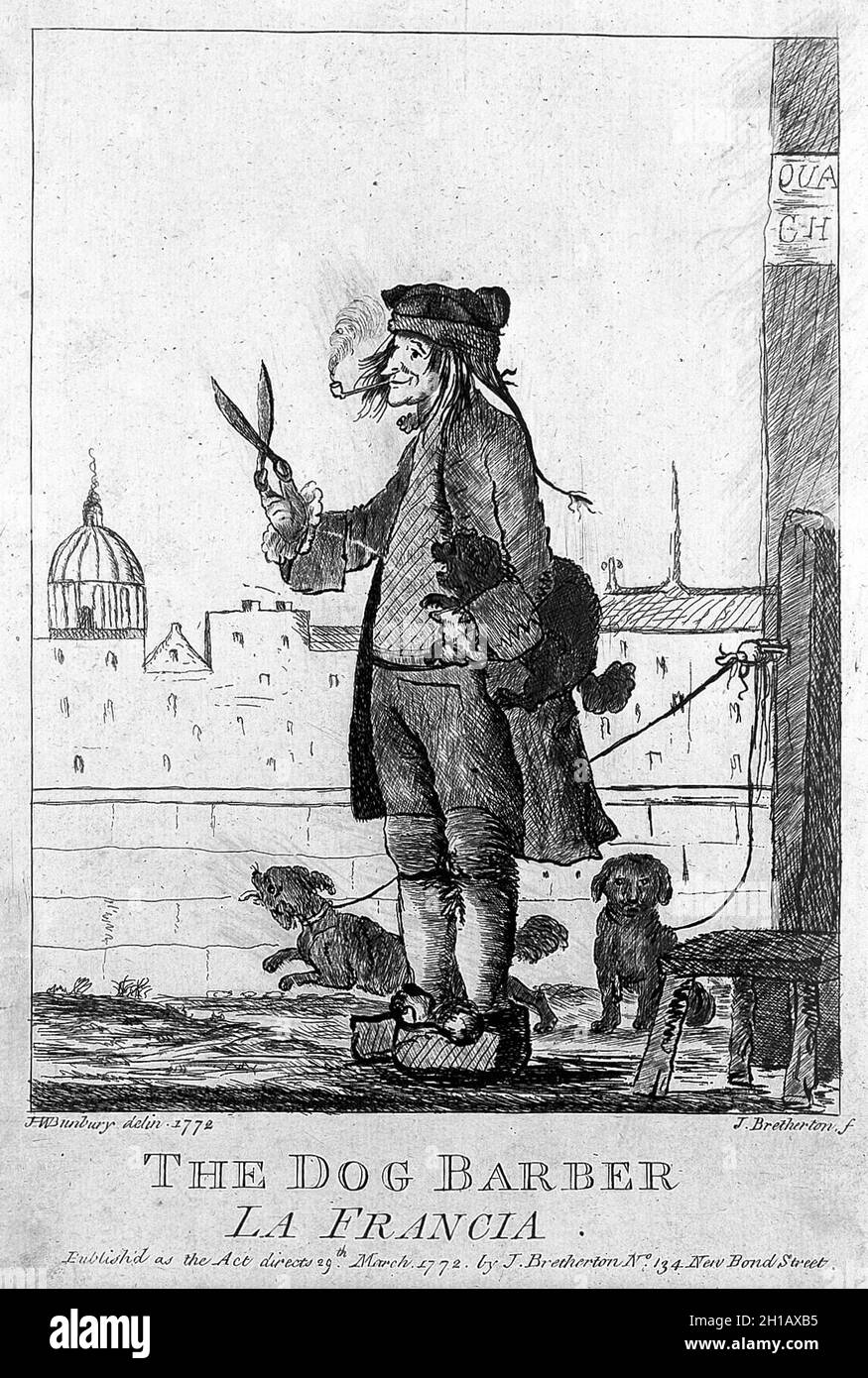 Gravur eines Hundefriseurs in Paris, der eine große Schere in einer Hand hält und einen Pudel unter seinem Arm hält, während er auf dem seine-Damm steht. Circa 1770 Stockfoto