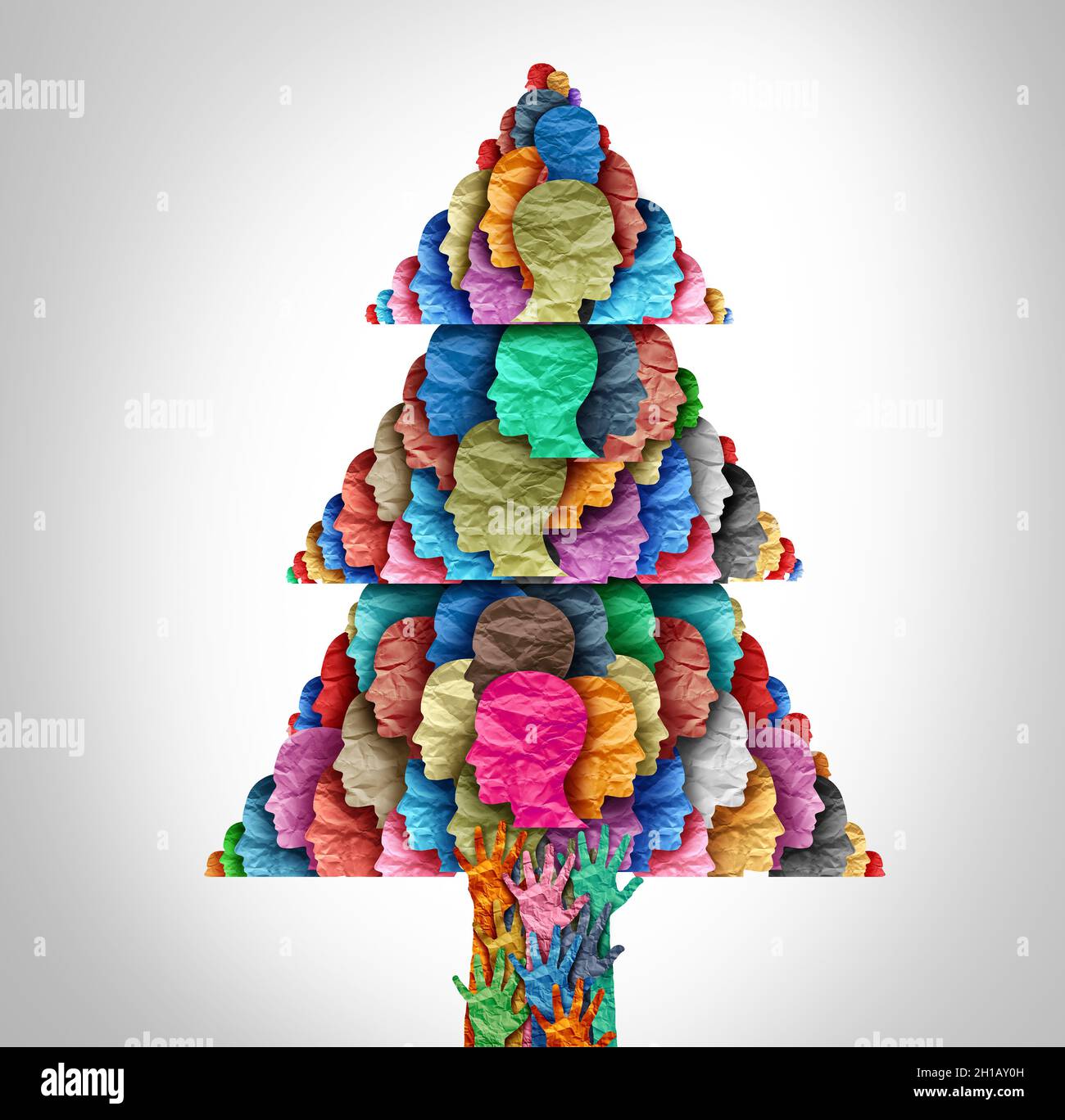 Die Vielfalt der Winterferien als Weihnachtsbaumfeier und Neujahrsfeier mit verschiedenen Menschen, die sich zu einem saisonalen Ritual mit 3D zusammengeschlossen haben Stockfoto