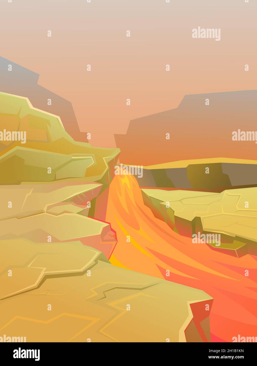 Vulkanische Lava fließt. Felsige Klippen. Unterirdische Naturlandschaft mit Felsen und Magma der Erde. Illustration im Cartoon-Stil flache Design. Vektor. Stock Vektor