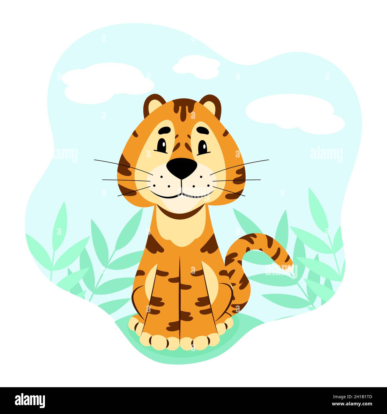 Chinesischer Tiger. Niedlicher Tiger in der Natur. Vektorzeichen im flachen Stil Stock Vektor